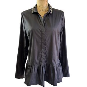 VDP Collection Black Long Sleeve Embellished Collar Peplum Blouse Sz 10/46